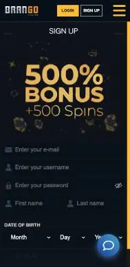 Brango Casino registration screenshot