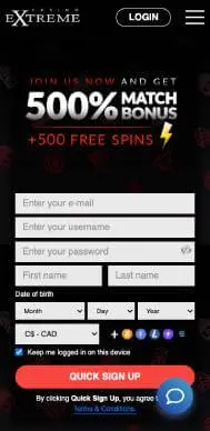 Casino Extreme quick registration screenshot