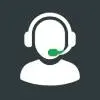 Flat vector graphic icon depicts customer support with a white silhouette wearing a headset and a green microphone on a dark grey background.