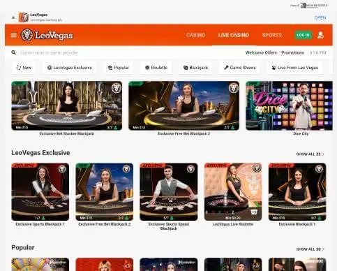 Leovegas Casino live games screenshot