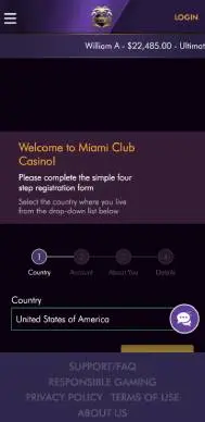 Miami Club Casino registration screenshot