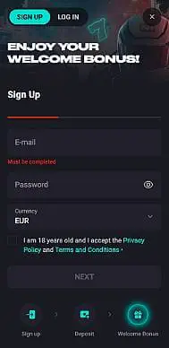 N1 Casino sign up screenshot