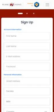 Planet7 Casino registration screenshot