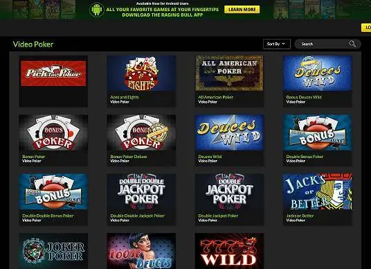 Raging Bull Casino video poker screenshot
