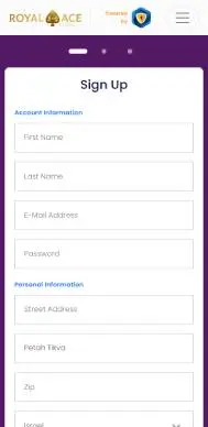 Royal Ace Casino registration on mobile screenshot