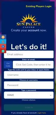 Sun Palace Casino mobile registration screenshot