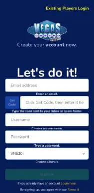 Vegas Casino Online registration screenshot