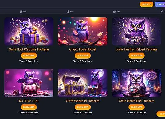 Lucky Owl Club casino promotions screenshot