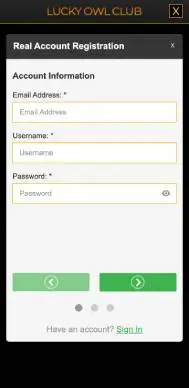 Lucky Owl Club casino registration screenshot