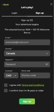 Betunlim Casino sign up screenshot