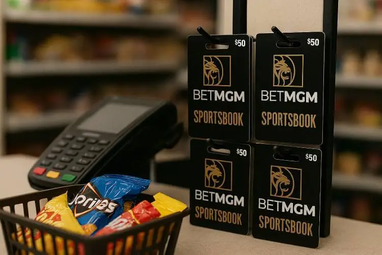 A realistic photo of a retail checkout counter with a POS terminal, a full shopping basket of snacks, and four BetMGM Sportsbook gift cards hanging on hooks behind the register.