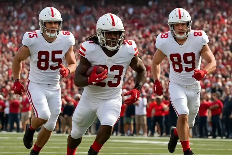 Three college football players in white and red uniforms sprint down the field during a daytime game, with a packed student crowd in the background.