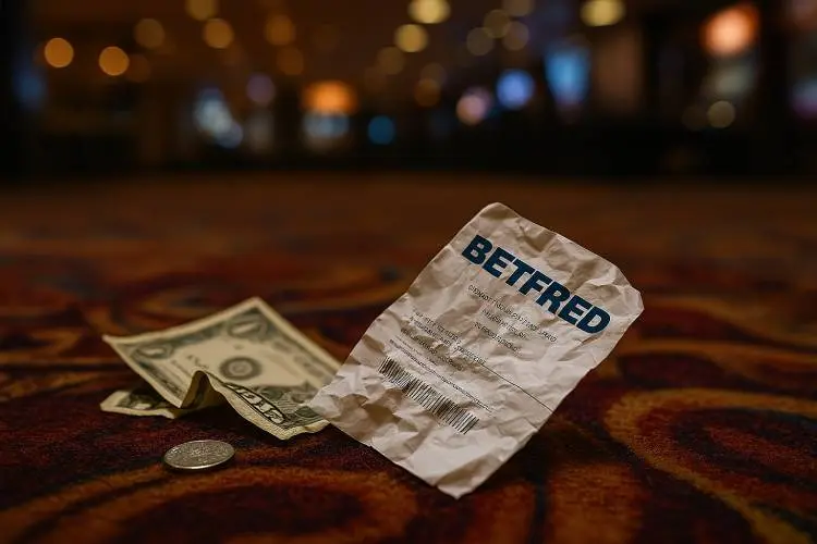 A crumpled Betfred sportsbook betting slip lies naturally on a casino floor, surrounded by a few scattered U.S. dollar bills and a quarter.