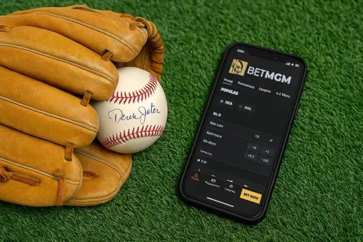 A realistic photo of a worn tan leather baseball glove holding a signed Derek Jeter baseball, placed beside a smartphone displaying the BetMGM sportsbook app on green turf.