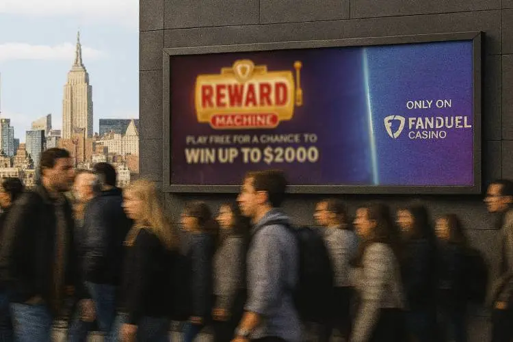 A realistic photograph of a FanDuel Casino poster on a city wall in New York, with the Empire State Building in the background and a blurred crowd walking past in the foreground.