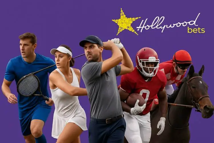 Realistic digital composite of five athletes—footballer, tennis player, golfer, American football player, and jockey on horseback, set against a purple background, inspired by a Hollywoodbets promotional theme
