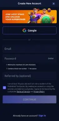 LuckyStake Casino sign up screenshot
