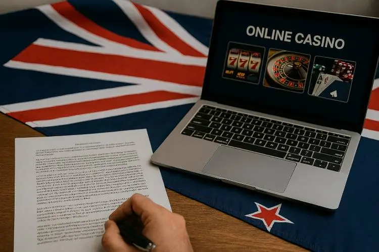 A New Zealand flag draped over a wooden desk with a printed government document, a hand holding a pen, and a laptop displaying an online casino.