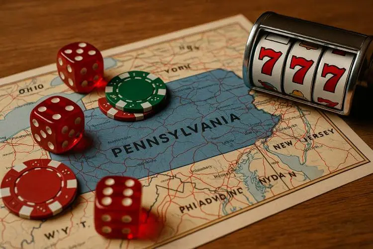 A realistic landscape image showing a map of Pennsylvania with casino dice and a slot game.