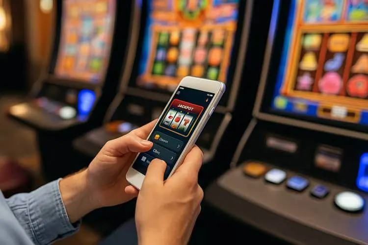 Image of a person using a casino mobile app inside a casino