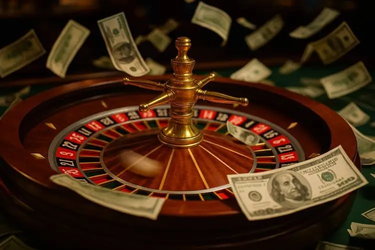 A blurred roulette wheel spins rapidly as U.S. dollar bills fly through the air in a casino setting, capturing the chaos of a game malfunction.