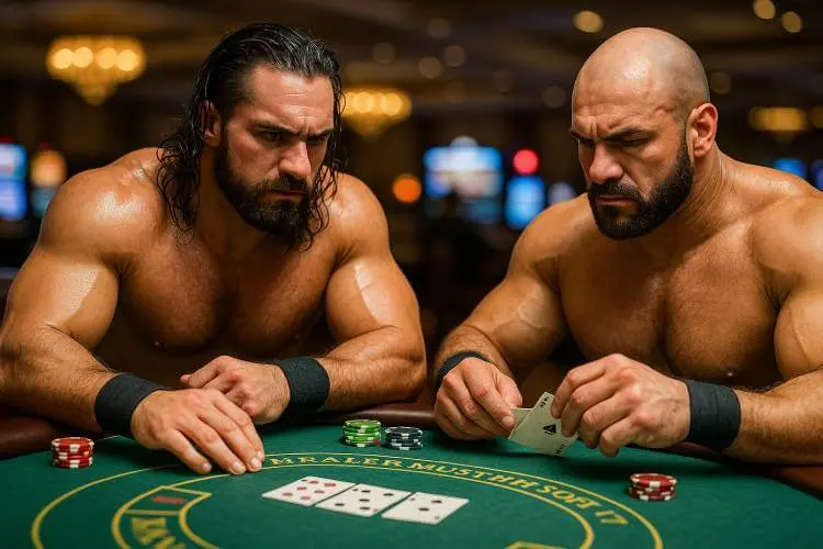 Two muscular professional wrestlers seated at a blackjack table, focused on their cards under moody casino lighting.