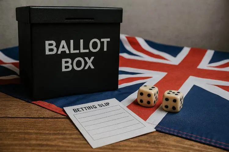 A black ballot box, ivory dice, and a folded betting slip on a wooden table partially covered by a Union Jack flag