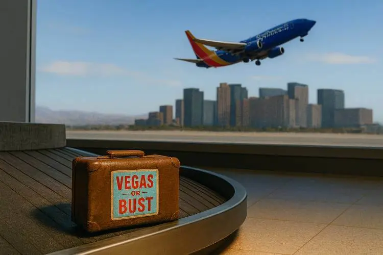 A vintage brown leather suitcase with a “Vegas or Bust” sticker lies unclaimed on a baggage carousel, with a plane taking off over the Las Vegas skyline visible through the large airport window.