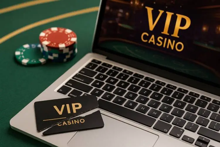 A laptop on a blackjack table next to scattered casino chips and a cut-up black VIP card, with an online casino screen in the background.