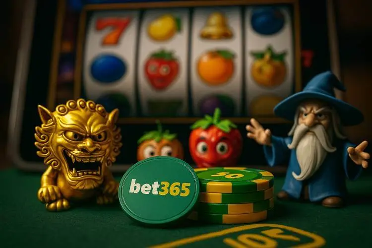 A realistic close-up of a casino-themed scene featuring spinning slot reels on a screen, branded green and yellow poker chips, and Wazdan-inspired characters.