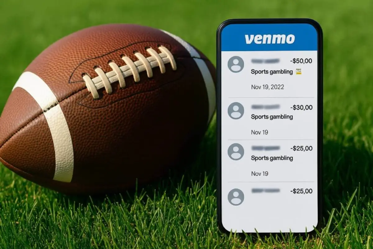 American football on grass next to a smartphone displaying Venmo transactions labeled “sports gambling,” related to NCAA betting rules controversy