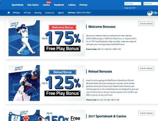 BetPhoenix Casino and Sportsbook promotions screenshot