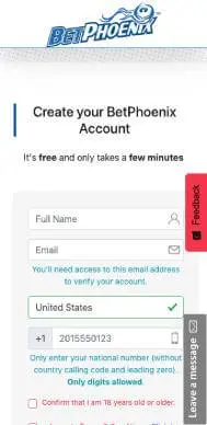 BetPhoenix Casino and Sportsbook sign up screenshot