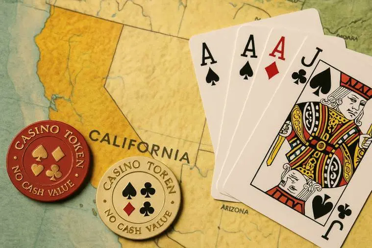 An image showing a California map with two casino chips and a hand of playing cards (two Aces and a Jack), capturing the essence of California's cardroom legal battle.