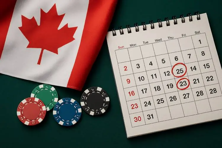 Canadian flag with poker chips, symbolizing Chumba Casino and Global Poker’s exit from Canada
