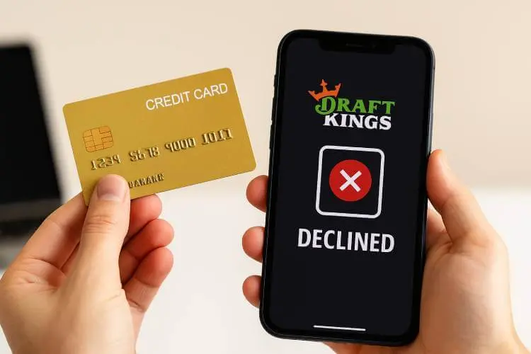 A person holding a credit card in front of a smartphone showing the DraftKings app with a red declined payment symbol.