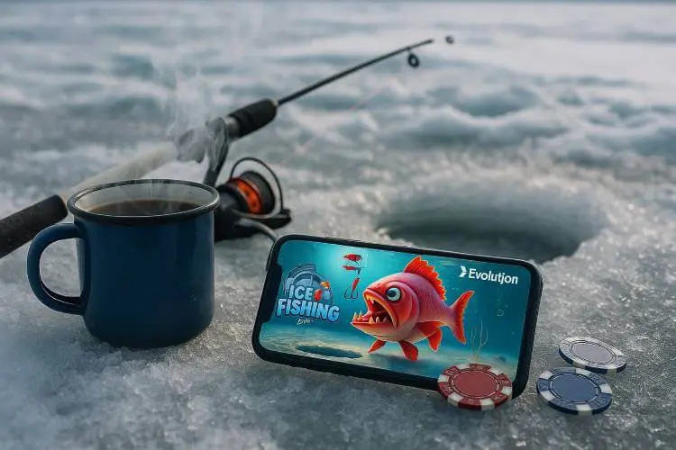 An ice fishing scene featuring a mobile phone showing Evolution Gaming’s Ice Fishing Live game, with casino chips.