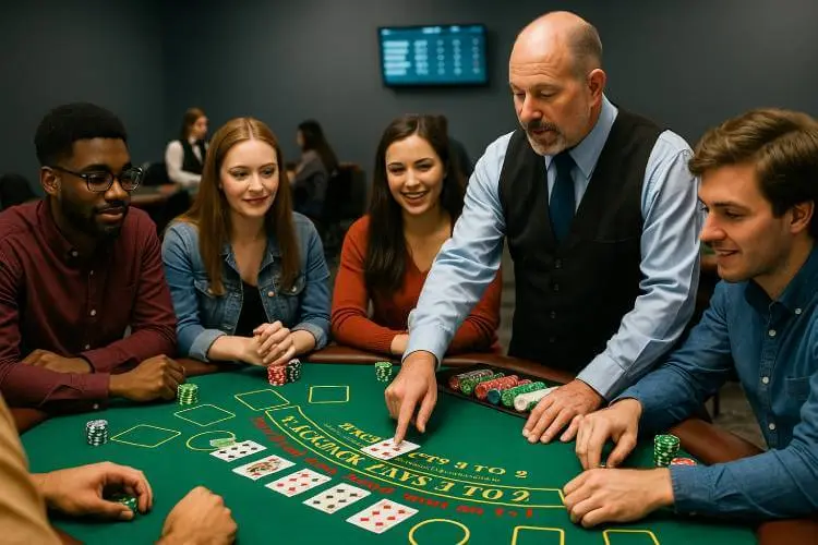 Trainees practice blackjack at a Casino dealer school, with an instructor demonstrating card dealing and chip handling.