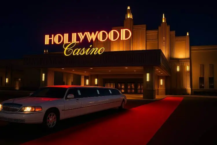 Night view of Hollywood Casino Joliet entrance with art deco lighting, red carpet, and a limousine.