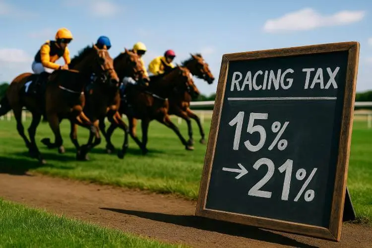 Close-up of a UK horse race with betting odds board showing new 21% tax rate proposal.