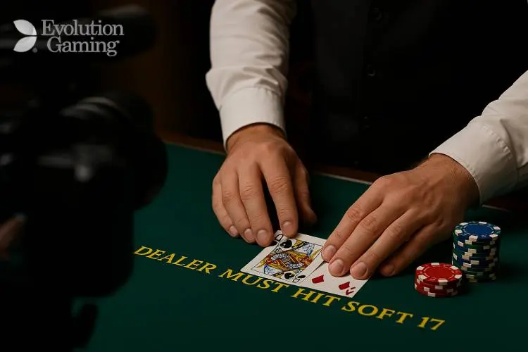Blackjack table at a live dealer studio in Atlantic City, showing cards and chips, reflecting Evolution Gaming’s $12K fine in New Jersey for dealer errors.