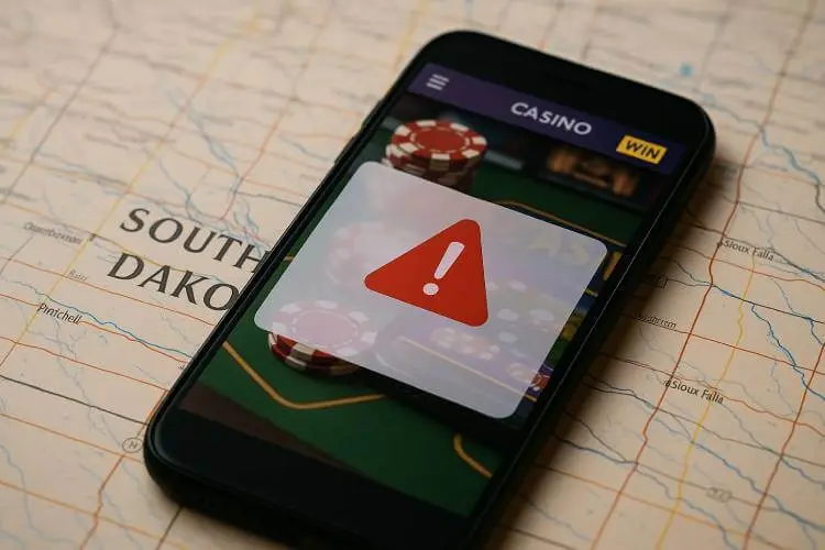 A smartphone displaying an online casino warning screen, lying on a printed map of South Dakota.