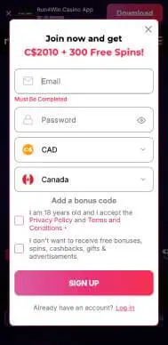 Run4Win Casino sign up screenshot