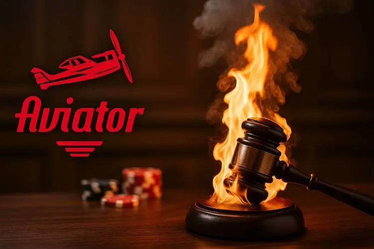 A flaming judge’s gavel beside a smartphone with a red airplane graphic, symbolizing SPRIBE’s legal dispute over its Aviator crash game.