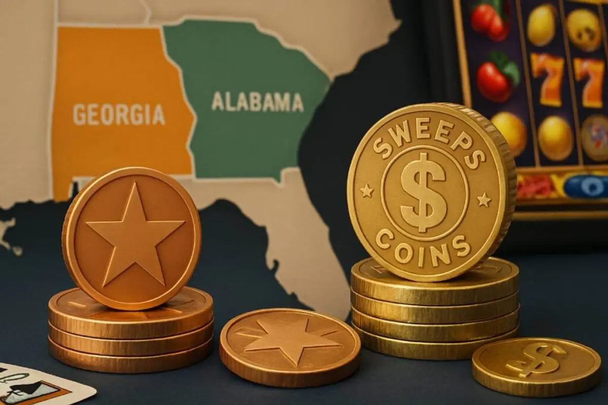 Sweeps Coins and Gold Coins placed on a map showing Georgia and Alabama, symbolizing sweepstakes casino access.