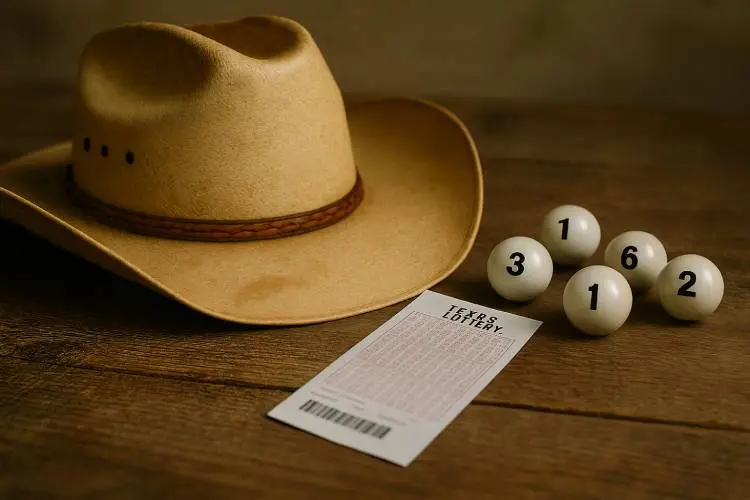 A photo of a Texas Lottery ticket on a rustic wooden surface, with a tan cowboy hat and lottery balls.