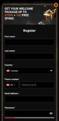 Casino Intense registration screenshot