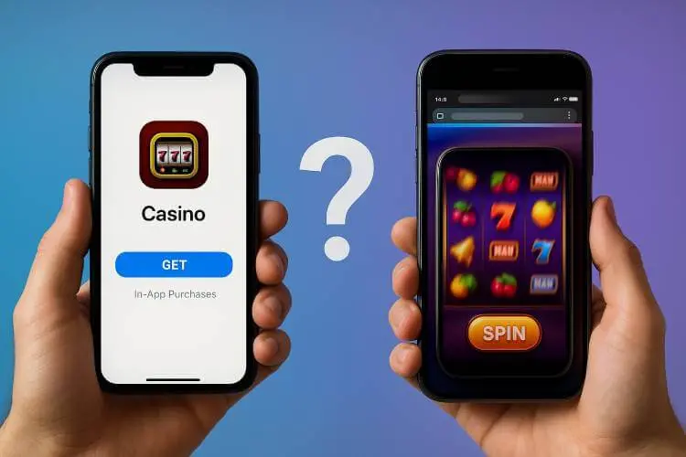 Casino app download screen contrasted with instant play casino game running in a mobile browser.