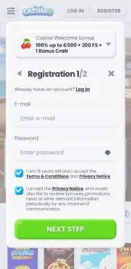 Cazimbo Casino registration screenshot