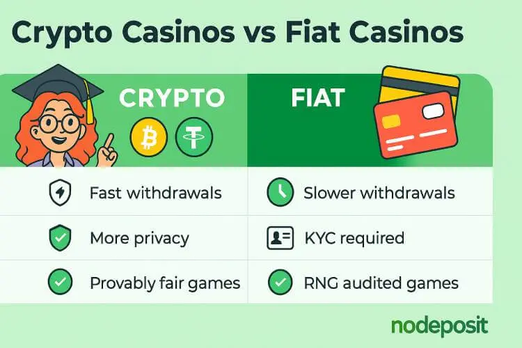 Infographic comparing crypto casinos vs fiat casinos, showing icons for Bitcoin, USDT, speed, privacy, and provably fair games on the crypto side, contrasted with bank cards, ID verification, slower withdrawals, and higher fees on the fiat side
